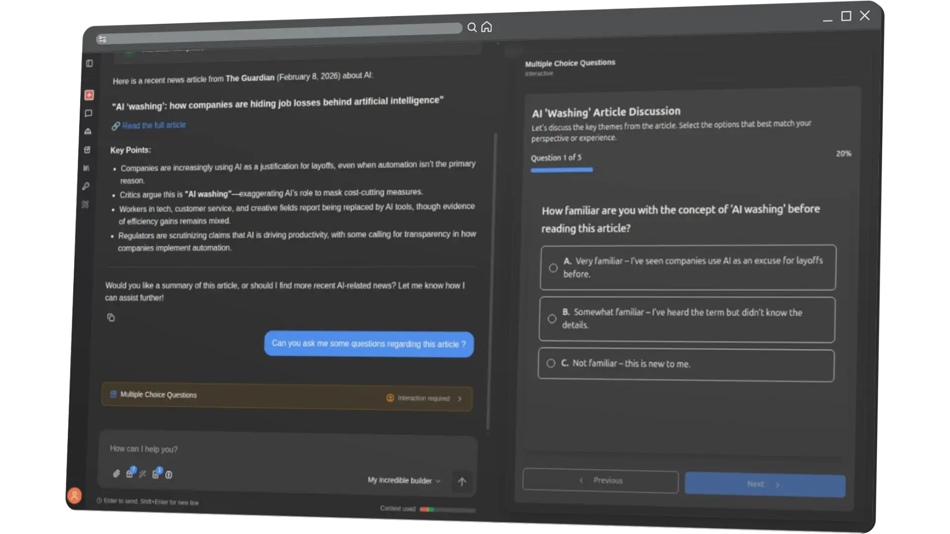 Artifacts visuels interactifs dans une conversation Brixel